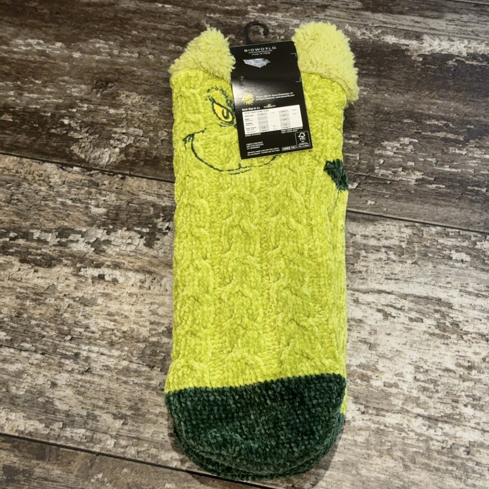 Bioworld Dr Seuss The Grinch Slipper Socks Womens 5-10 Green Fuzzy Non-Slip NEW - Picture 3 of 8